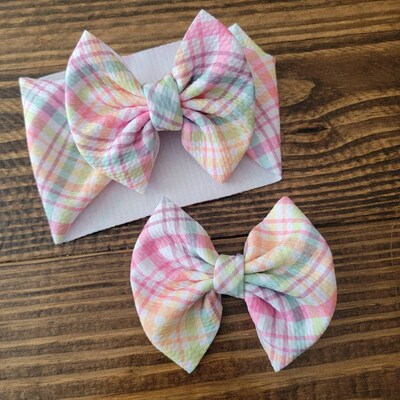 Pastel Check Plaid Knit Hair Bow - Headwrap - Clip - Pigtail Bows - Headband - Peach - Easter - Rainbow - Spring - Birthday - Purple - Mint - image4
